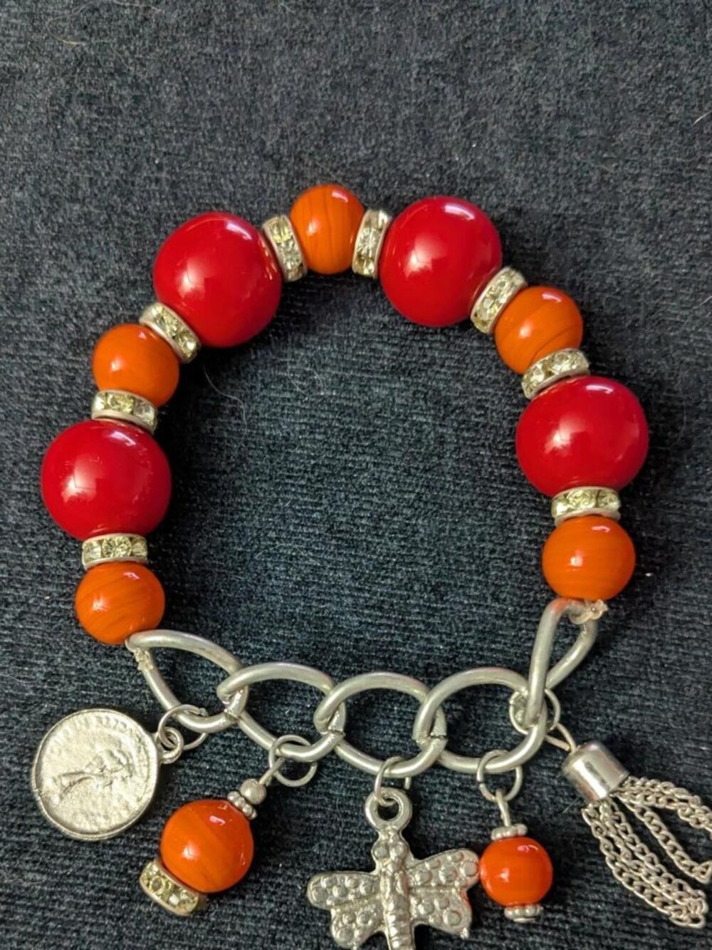 Red & Orange Beaded Bracelet w/ Charms